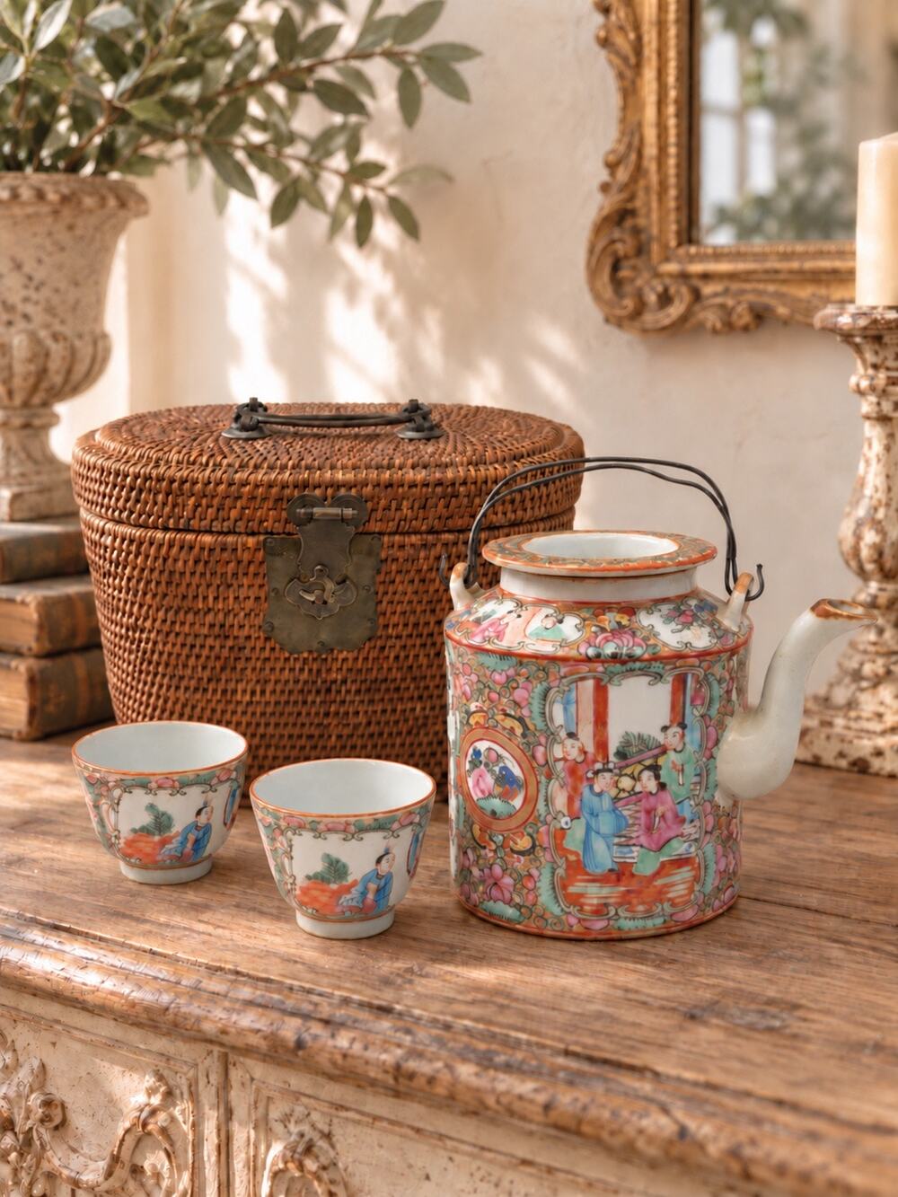 Antique Chinese Export Rose Medallion Porcelain Teapot 2 Cups Famille Rose